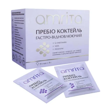 Дієтична добавка (БАД) Пребіо коктейль гастро-відновлюючий + L-глютамін, чага, псиліум саше - головне фото, передня сторона упаковки